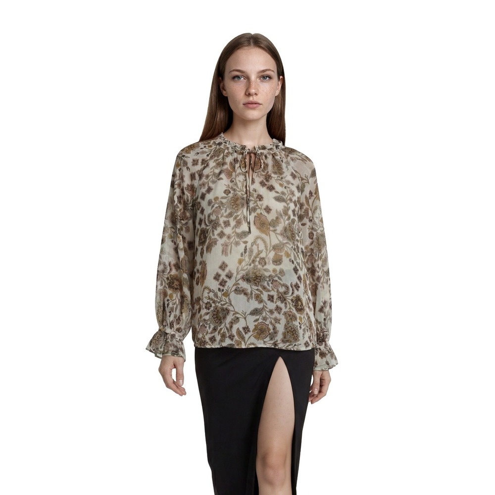 LOFT Paisley Peasant Blouse Women's Size Large Cream Brown Floral Ruffle Tie Top